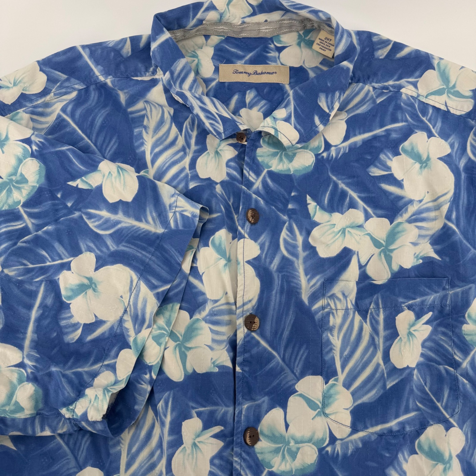 Tommy Bahama Mens 2xt Blue White Tropical Floral Silk Camp Shirt Short Sleeve